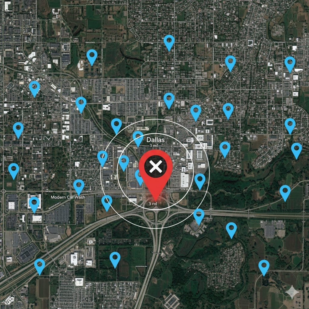 Dallas competitor gap map with red X on untouched corner