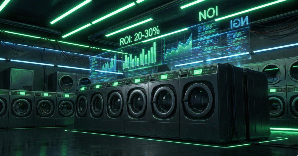 Cyberpunk laundromat interior with neon green lighting. Holographic financial data graphs, charts, and metrics (ROI, NOI, DSCR) are projected over the washing machines, illustrating the article's focus on calculating laundromat ROI before buying.