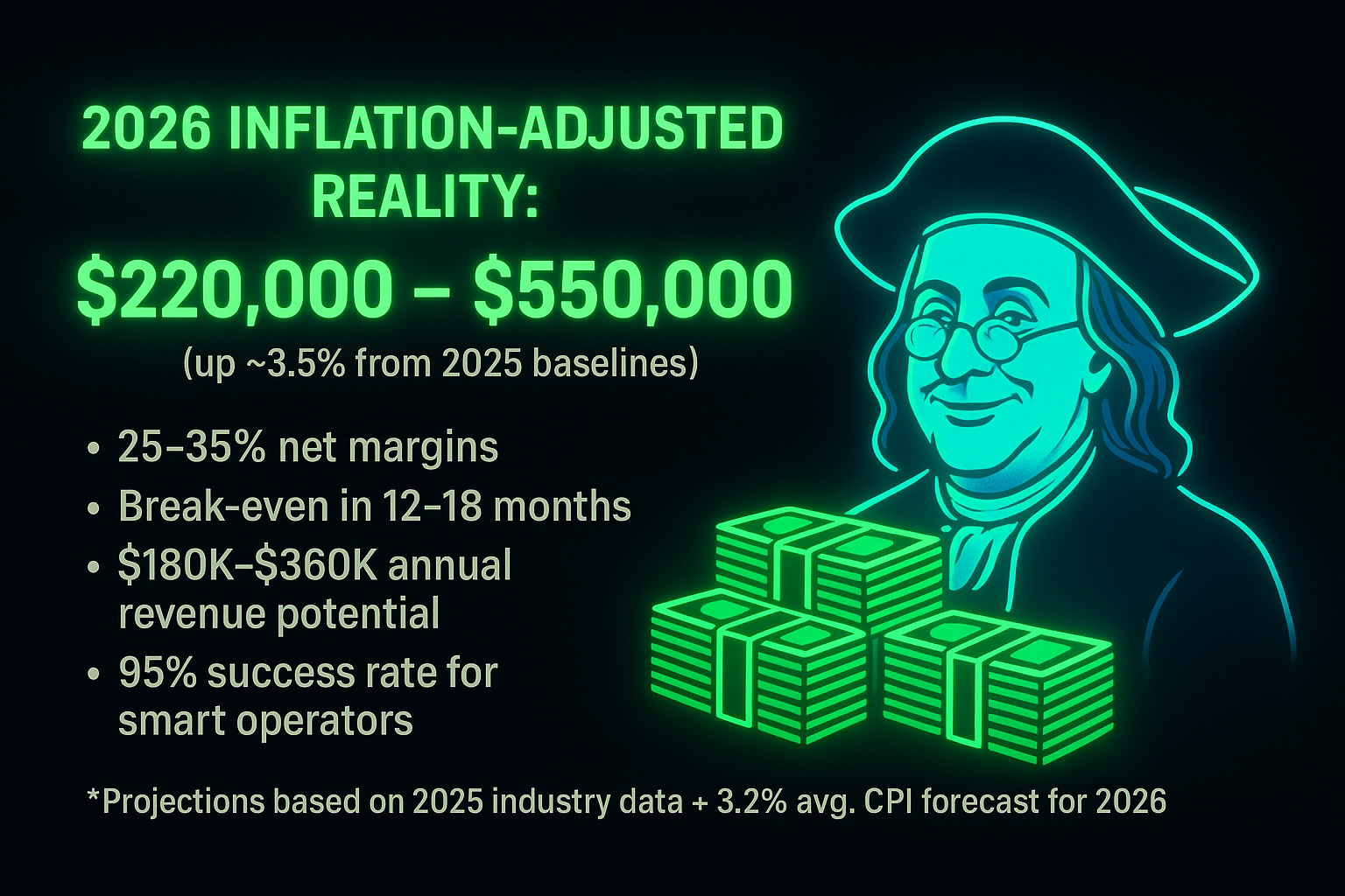 Ben Franklin with neon shades, grinning over cash stacks