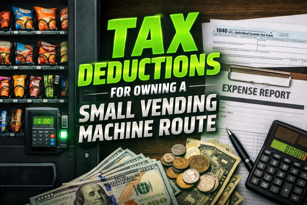 Vending machine with cash, coins, calculator, and tax forms illustrating tax deductions for small vending routes.