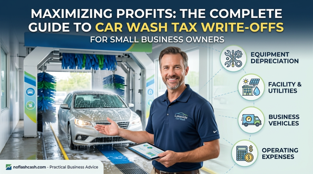 A professional man in a navy polo stands in a modern car wash tunnel next to a silver car. The image includes a headline "Maximizing Profits: The Complete Guide to Car Wash Tax Write-Offs" alongside infographics for Equipment Depreciation, Facility & Utilities, Business Vehicles, and Operating Expenses.